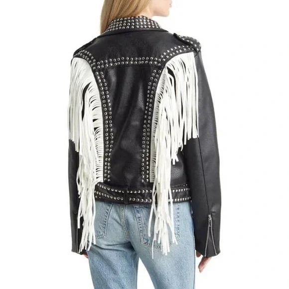 Azalea Wang Studded Black Faux Leather White Fringe Detail Moto Jacket - Picture 6 of 7